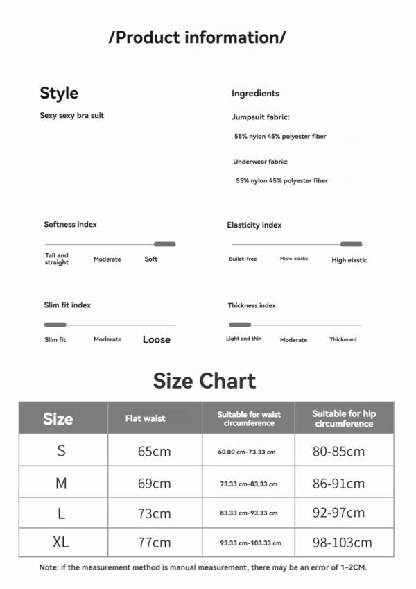 Sexy bra suit detailed info, featuring fabric composition, fit indices, and size chart.