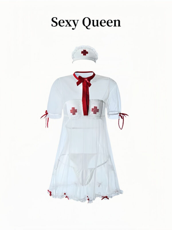 Playful sexy nurse costume with sheer design, red accents, and matching headpiece for themed parties.