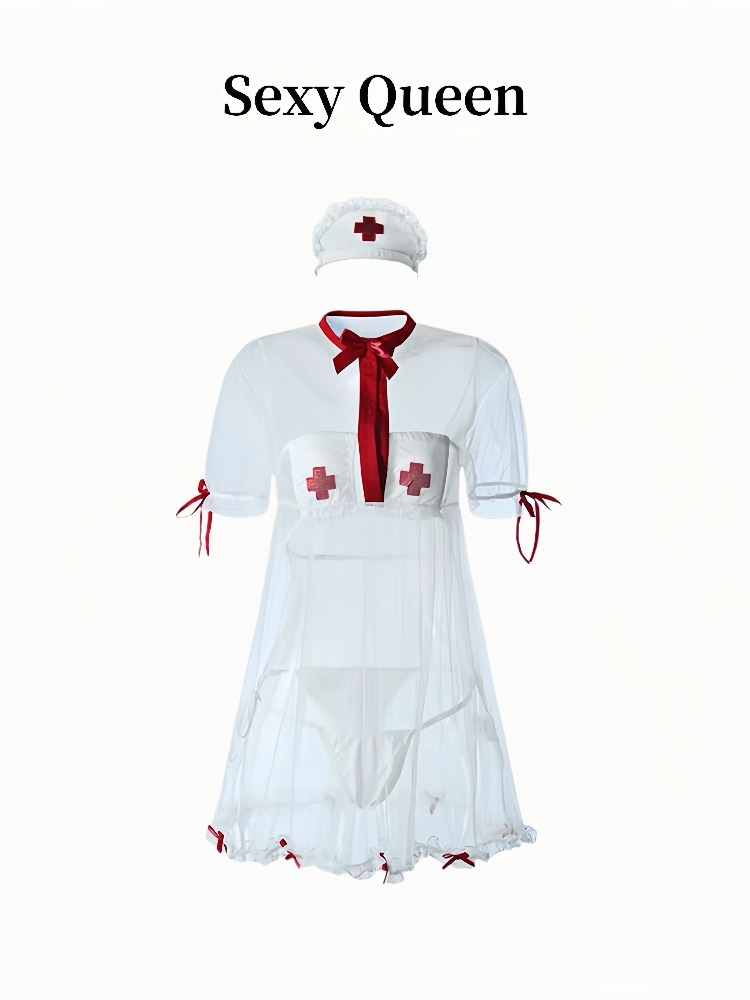 Playful sexy nurse costume with sheer design, red accents, and matching headpiece for themed parties.