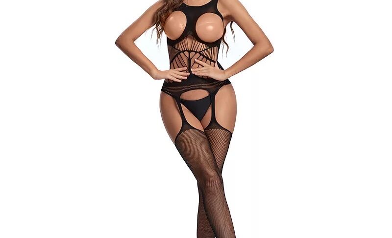 Bold black fishnet lingerie bodysuit with cutouts, enhancing sensuality and confidence.