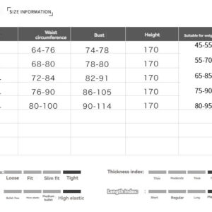 Clothing size chart with measurements for optimal fit and comfort in adult apparel.