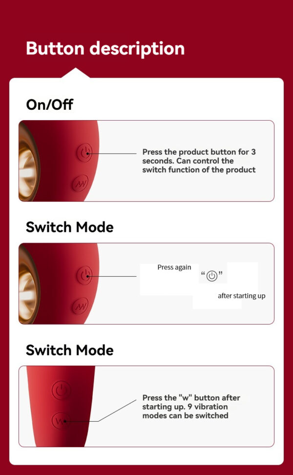 Button functions overview for versatile personal pleasure device with multiple modes and easy controls.