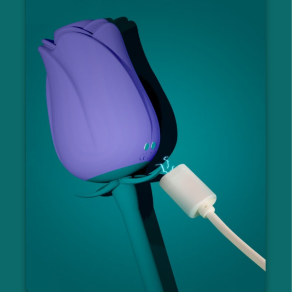 Whimsical purple tulip charging from technology, blending nature with modern energy.