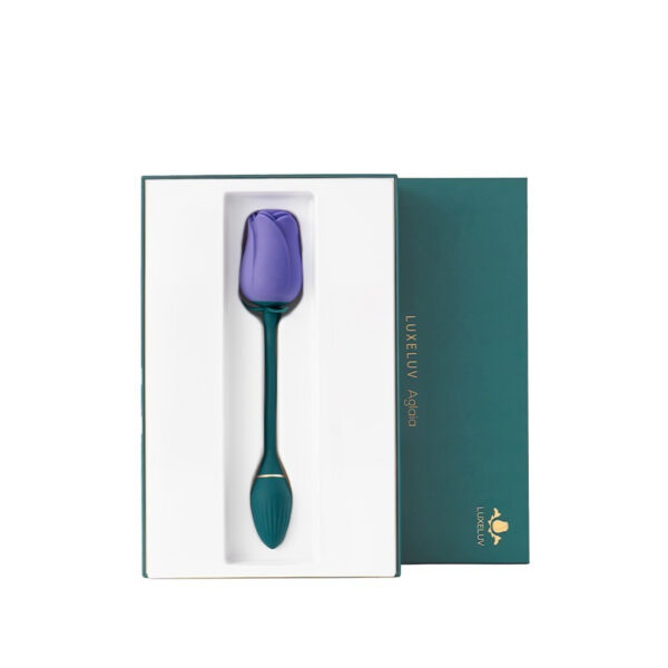 Luxurious lavender tulip silicone toy in elegant green packaging, perfect for gifts and intimate moments.