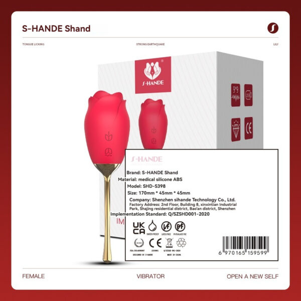 S-HANDE SHD-S398 rose-shaped vibrator in red, safe silicone, waterproof design for intimate pleasure.